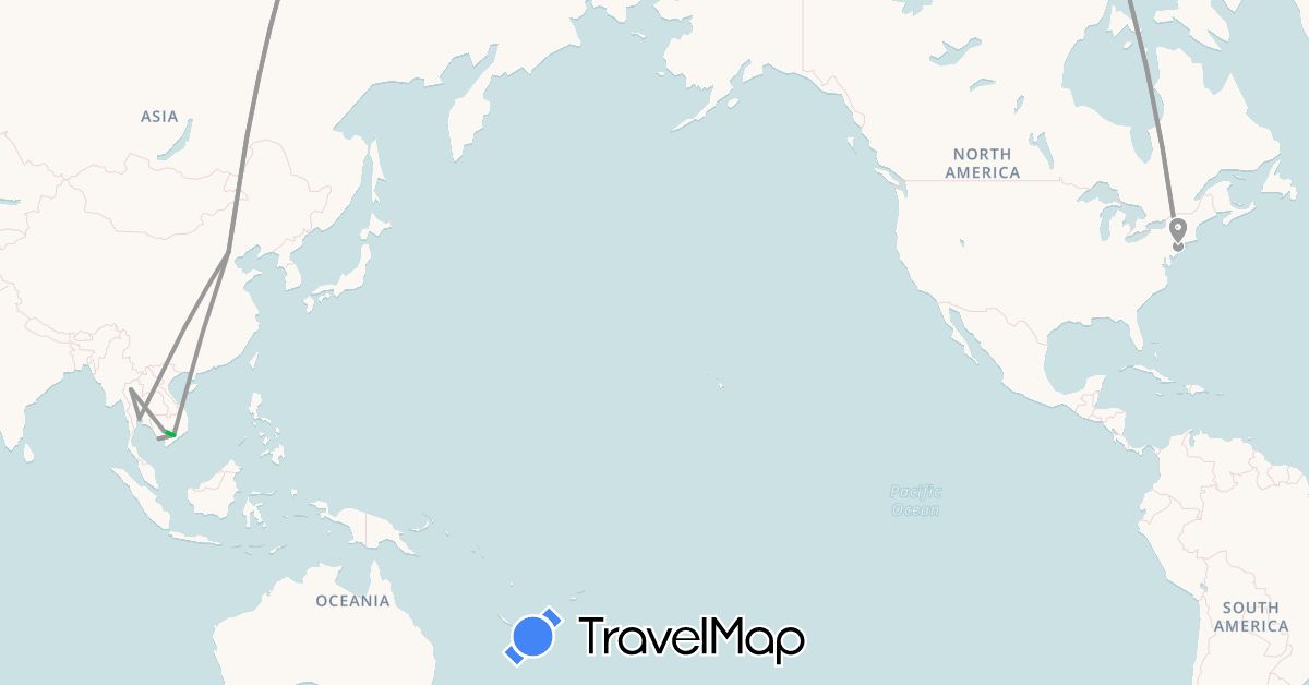 TravelMap itinerary: driving, bus, plane in China, Cambodia, Thailand, United States, Vietnam (Asia, North America)